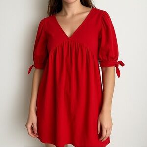 s’edge Red Cotton Puff Sleeve Babydoll Dress‎ Small Vacation Feminine Resort